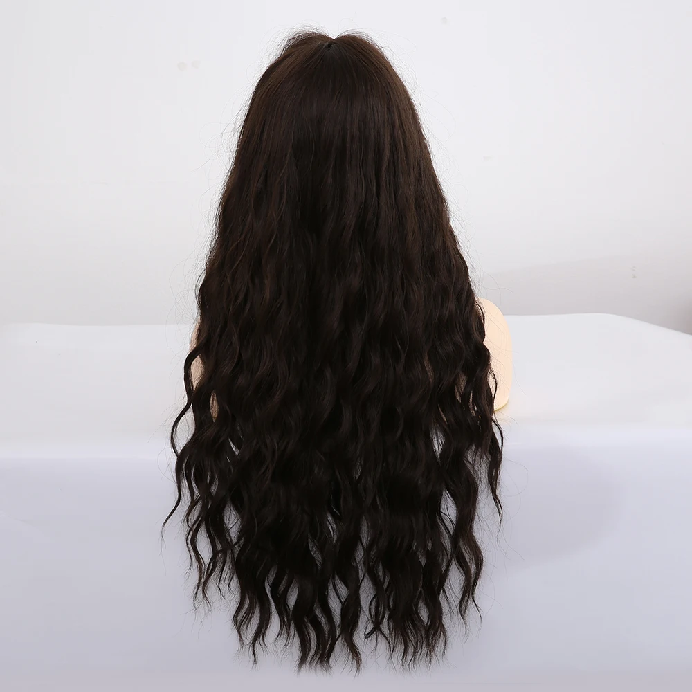 EASIHAIR Long Dark Brown Synthetic Wigs for Women Water Wave Cosplay Wigs With Bangs Heat Resistant Pink Fake Hair Natural Wigs