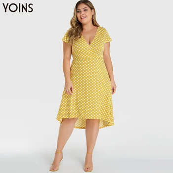 

YOINS Vintage Polka Dot Deep V Neck Short Sleeve Dress 2020 Stylish Summer High-Low Hem Crosses Front Midi Dresses Plus Size