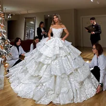 Роскошное бальное платье с открытыми плечами Свадебные платья многоярусные юбки свадебные платья с оборками размера плюс аппликация vestidos de novia