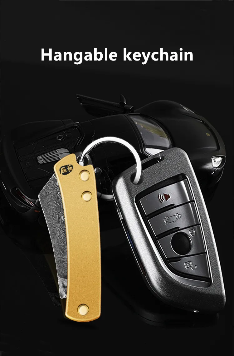 Folding Knife Damascus Steel Knife Mini Fruit EDC Multi-function Portable Key Ring Pocket Knife