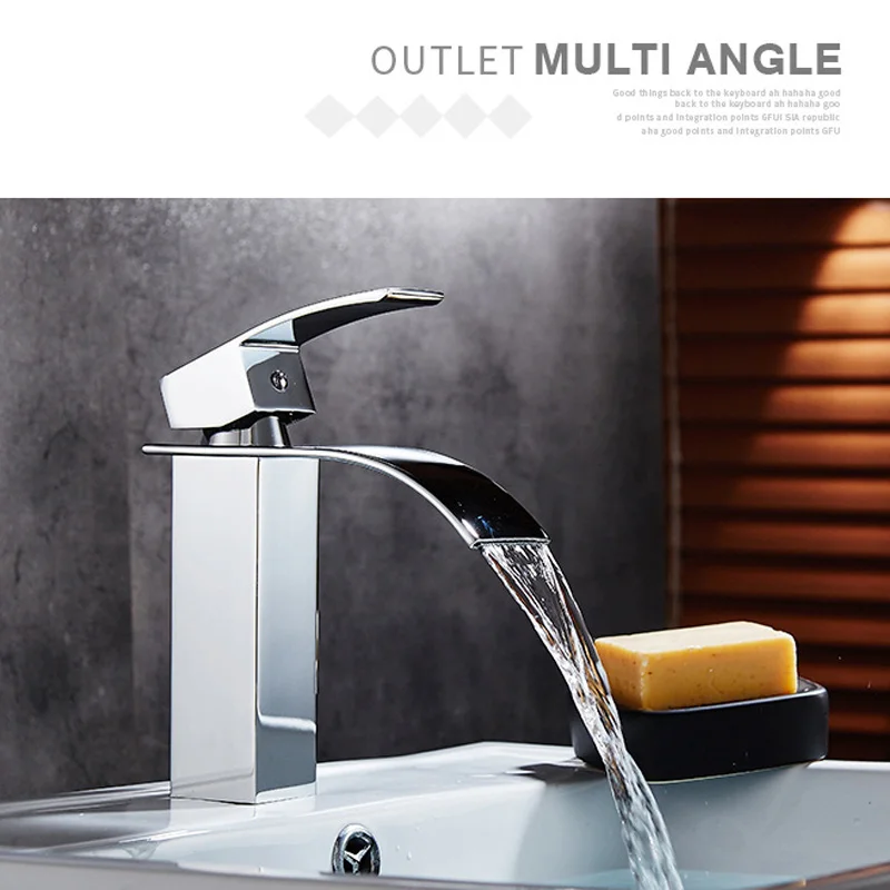 

Single Hole Hot & Cold Basin Mixer Creative Waterfall Water Outlet Square Chromed Bathroom Square Basin Faucet