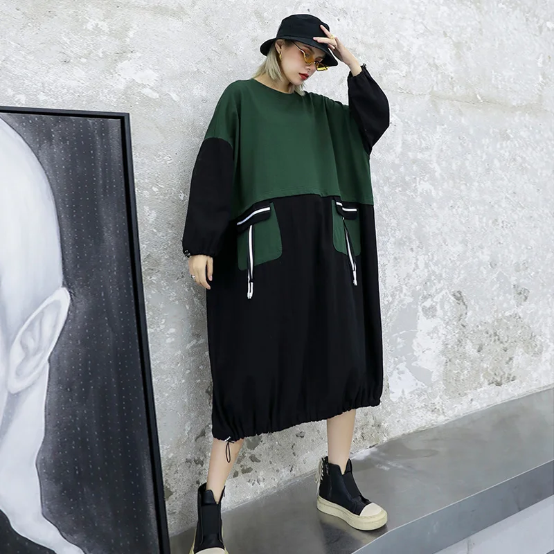 

Johnature Autumn Fashion Women Dress 2019 New Streetwear O-neck Patchwork Color Loose Long Sleeved Simple Comfortable Dresses