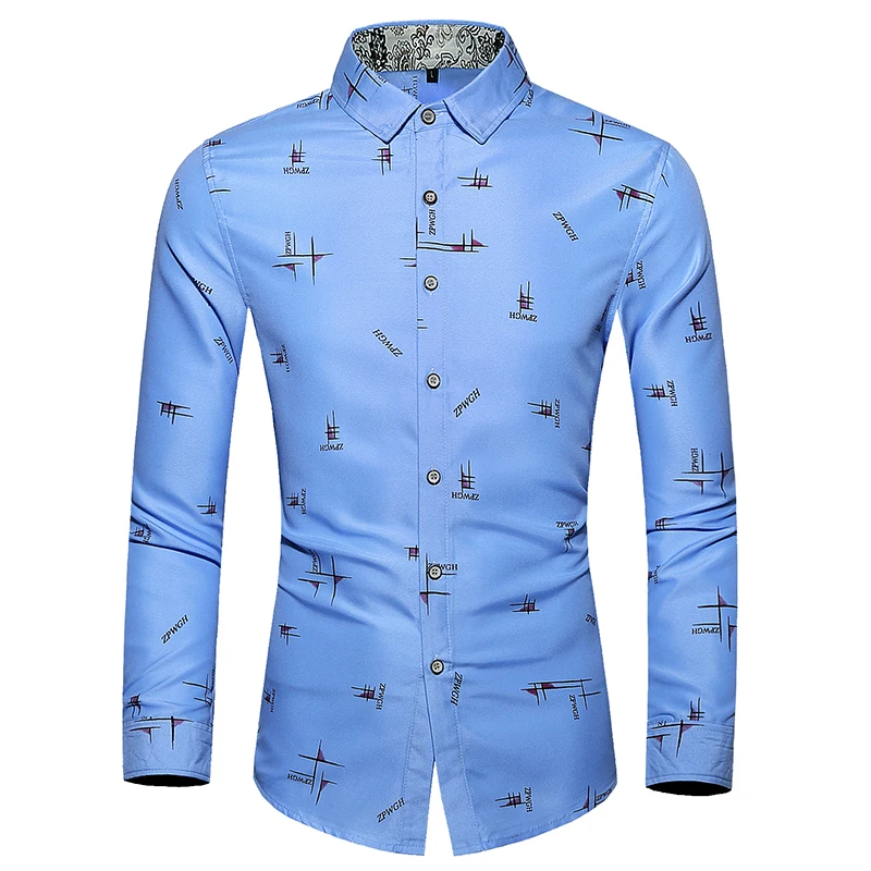Хорошее качество модные мужские рубашки с принтом slim fit новая брендовая хлопковая рубашка с длинным рукавом Плюс Размер 7XL - Цвет: Небесно-голубой
