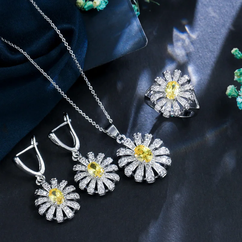 ThreeGraces Green Emerald Cubic Zirconia Stone Flower Necklace Earring and Ring Set 925 Sterling Silver Jewelry for Women  JS500