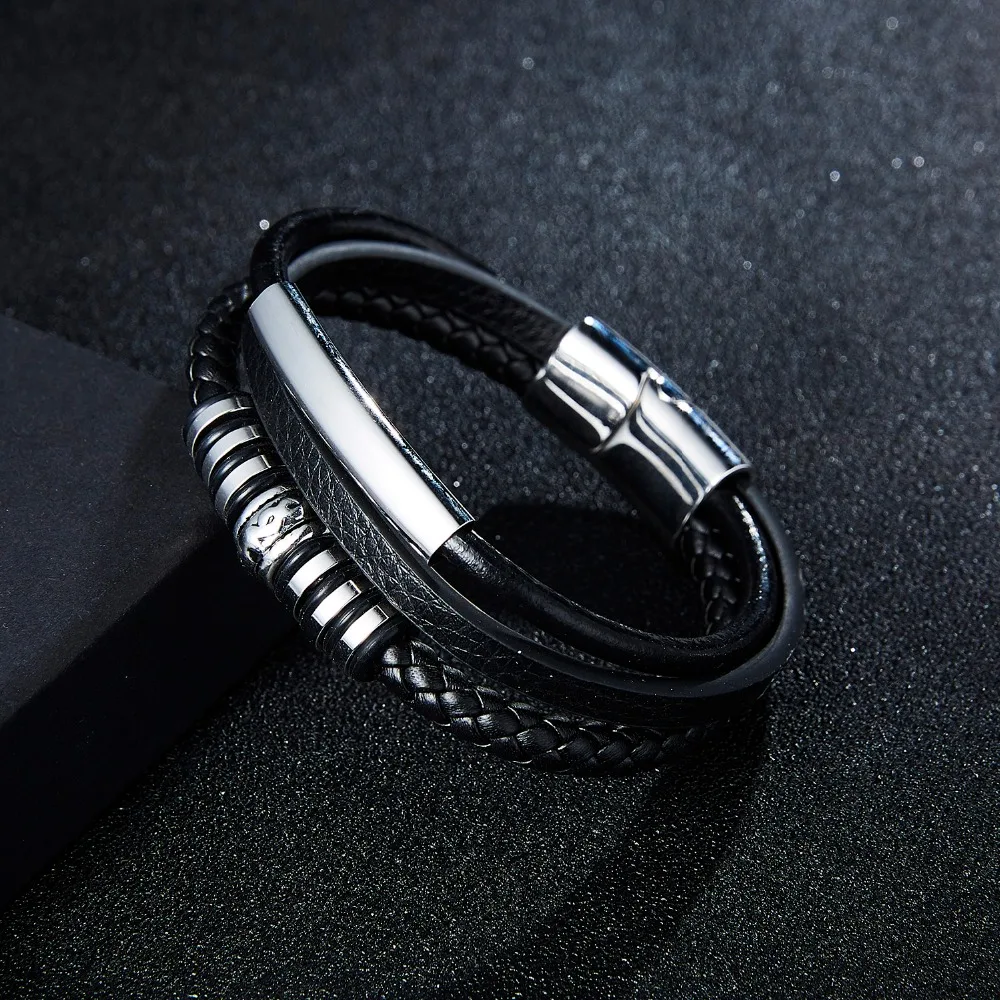 RINHOO новые мужские украшения панк черный коричневый плетеный кожаный браслет для мужчин застежка из магнитного сплава Модные мужские браслеты подарки 22 см