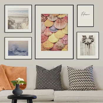 

Canvas Painting Seascape Poster Beach Sand Hands Path Colorful Scalloop Poster Nordic Style Print Wall Picture for Living Room