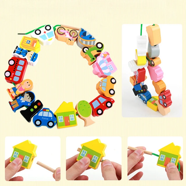 Wooden Toys Montessori Baby Toys DIY City Threading Beads String Lacing Puzzle Educational Crafts Toys for Children Kids Toddler 2