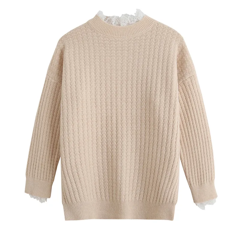 Evfer Chic Lady Patchwork Lace Collar Knitted Turtleneck Pullover Sweater 2020 Women Casual Solid Elastic Long Sweaters | Женская одежда