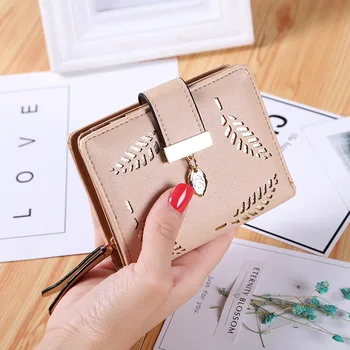 

New 2020 Women Wallet Short Zipper Buckle Hollow Leaves Small Wallet PU Leather Wallet Card Holder Female Coin Purse