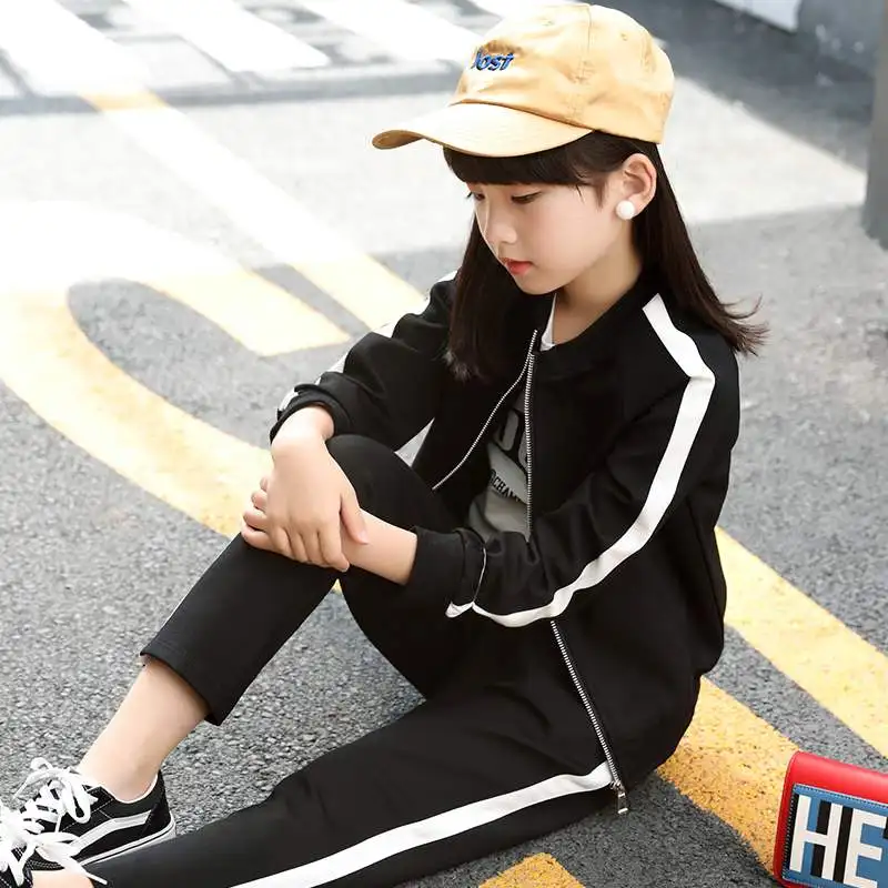 Sport Suit For Girls Teenage Baby Girl Clothes Set Autumn Long Sleeve Outwear+ Pant Back To School Outfits 8 9 10 12 14 15 - Цвет: Черный