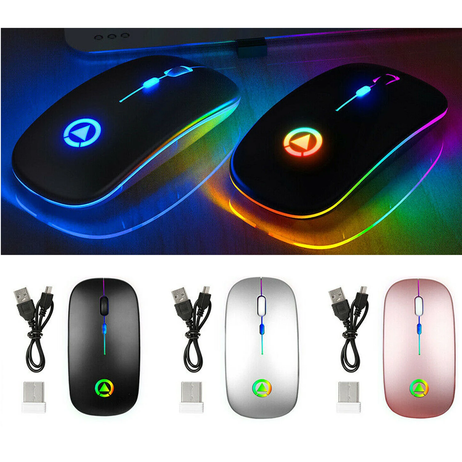 Luz LED recargable ratón inalámbrico de 2,4 GHz Digital mudo USB ratón óptico ergonómico para juegos para Pc ordenador portátil