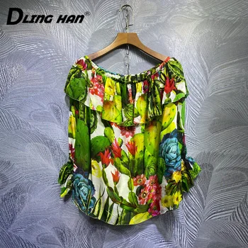 

DLINGHAN Fashion Cactus Print Silk Blouses Elegant Ruffles Flare Sleeve Slash neck Tops Designer Spring New