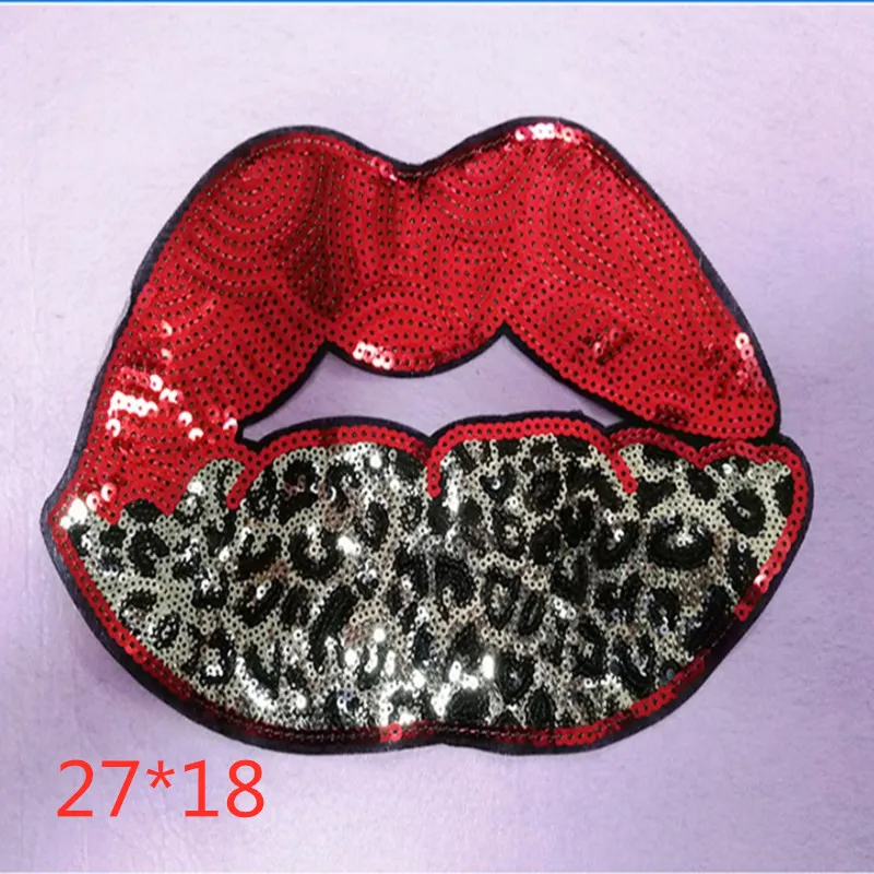 

Sequin Leopard Print Lip Cloth With Computer Embroidery Logo Fashion Dress Decoration Embroidery Decoration Patch