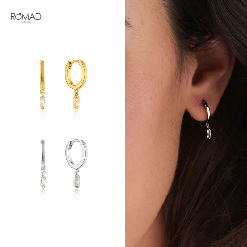 

ROMAD Rectangle Zircon pendientes Hoop Earrings for Women INS Geometric Pierced 925 Sterling Silver Earings Jewelry kolczyki