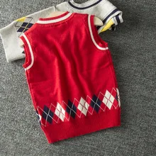 Детский пуловер Трикотажный жилет с v-образным вырезом и ромбами для мужчин и женщин Детская школьная форма студенческий стиль без рукавов хлопок Kn