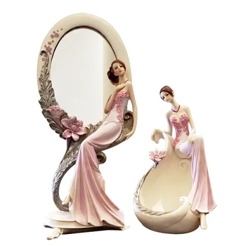 

Creative Resin Beauty Figurine Jewelry Storage Box Lady Makeup Mirror Ornament Dressing Table Wedding Gift Home Decor R2192