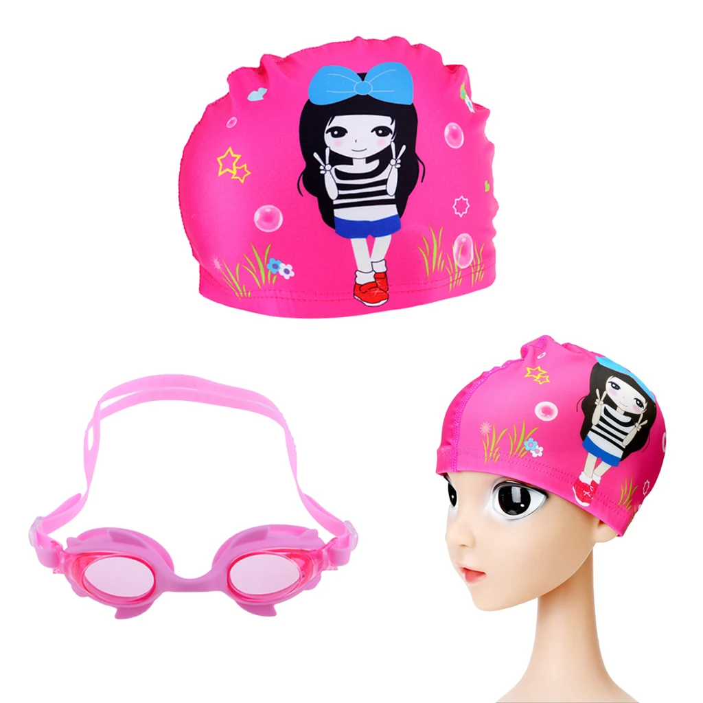Anti-Fog Swimming Goggles age 4-12 + Cute Swim Cap + Ear Plugs for Kids Girls Boys Adjustable Strap Swim Glasses