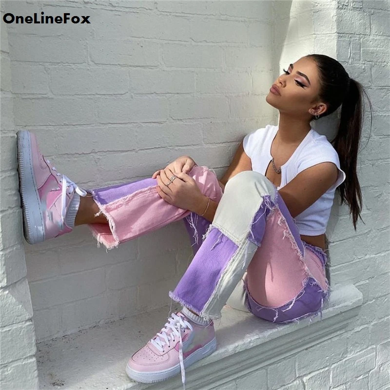 

OneLineFox Patchwork High Waist Denim Pants Women Casual Skinny Straight Jeans Pants Capris Pocket Long Trousers Ladies Fashion