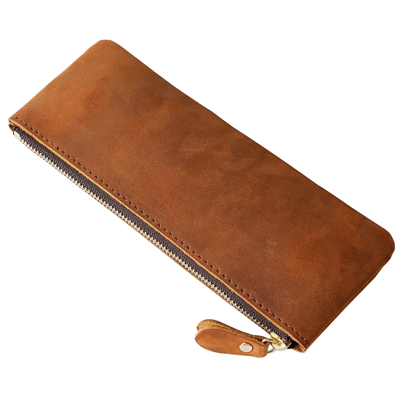 Retro Handmade Leather Zipper Pencil Case 100% Genuine Leather Large Capacity Pen Bag Holder School Stationary for Writing Tool 4