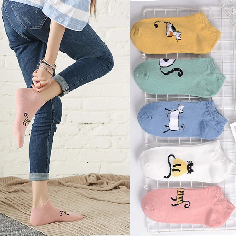 

5 Pair knitting cotton sock for women ankle socks cute funny cartoon printed Invisible boat socks girl art sock short Sox
