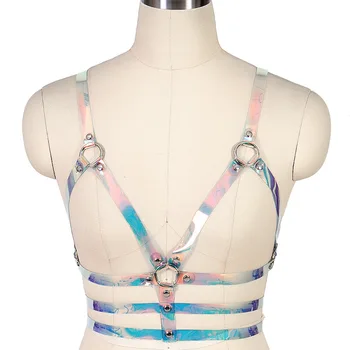 

Harness Leather Bra Colourful Goth Tops Waist Adjust Straps Hollow Out Night Clubs Dance Body Cage Breast Belt Plus Size Women