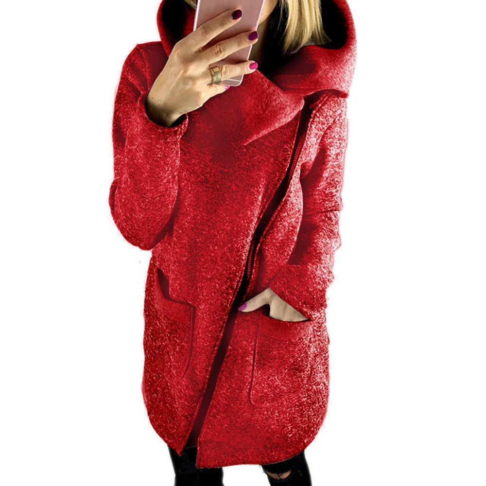 Длинная куртка с отложным воротником, Женская однотонная тонкая осенне-зимняя куртка на молнии с карманами, женская верхняя одежда с воротником-шарфом размера плюс - Цвет: Красный