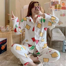 Japanese Coral Velvet Pajamas Crayon Shin-chanv Ladies Sleepwear Flannel Thick Pijama Warm Home Long Sleeve Women Pajas Anime