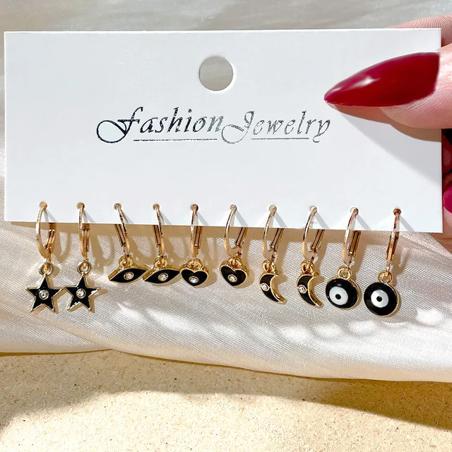 Flatfoosie 5Pair Pink Blue Heart Butterfly Drop Earrings Set For Women Boho Cute Star Moon Eye Dangle Earring 2022 Trend Jewelry 157908BK