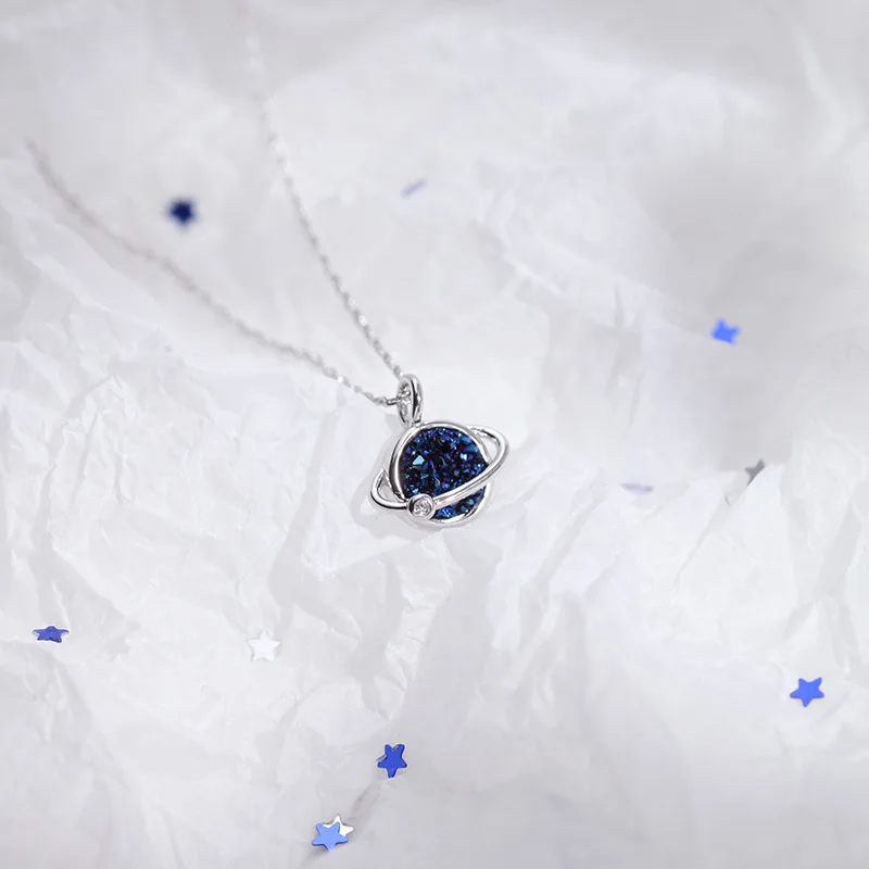 925 стерлингового серебра Синий талисман-Планета кулон ожерелье женщин колье Свадебная вечеринка ювелирные изделия подарок себе воротник DZ805