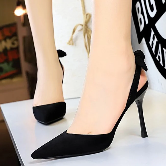 Boussac Elegant Bowtie Slingback High Heel Women Pumps Sexy Pointed Toe High Heels Ladies Shoes Suede Thin Heel Party Shoes B233