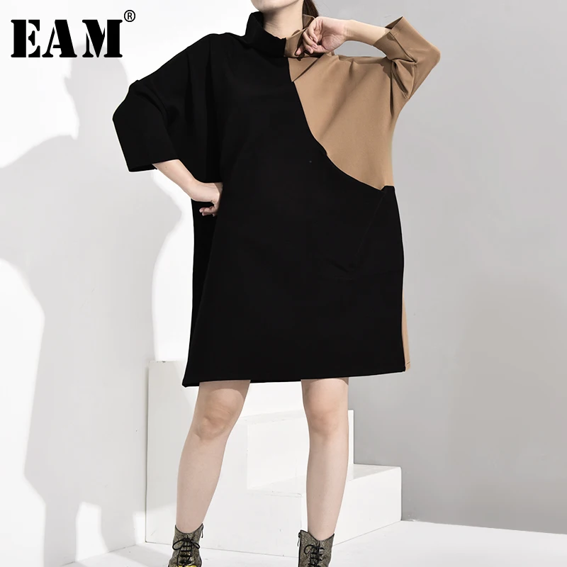 

[EAM] Women Black Contrast Color Big Size Dress New High Collar Three-quarter Sleeve Loose Fit Fashion Spring Autumn 2019 JK3990