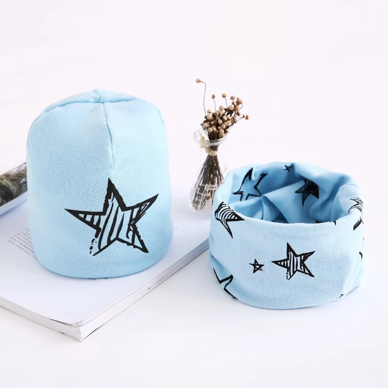 

New Cotton Baby Pom Pom Hat Winter Warm Kids Hats Scarfs Set Star Printing Baby Beanie Soft Comfortable Children Warm Cap