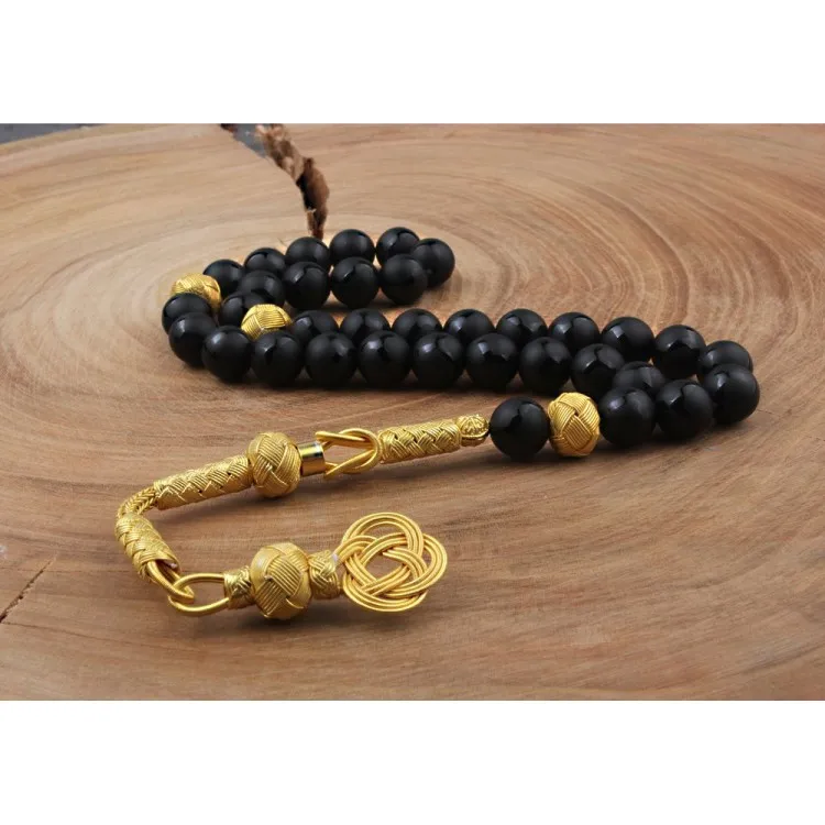Turkish Style Pukka 33 Beads Onyx Muslim Prayer Tasbih Misbaha Islamic Jewelry Subha Capsule Cut Tassel 925 Caliber Silver
