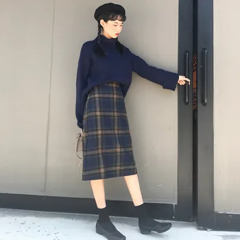 

Female Spring Winter Plaid Skirt Preppy Style Plaided High Waist Skirt A-line Wool Skirt Women Chic Long Skirts