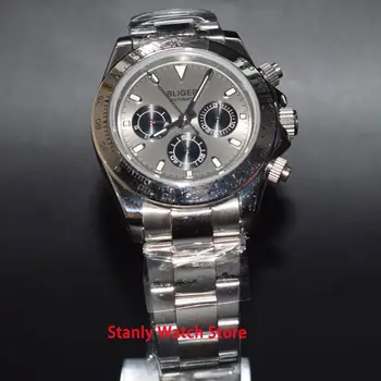 

Solid Bliger 39mm grey dial luminous sapphire glass date week display stainless steel band automatic movement men's watch