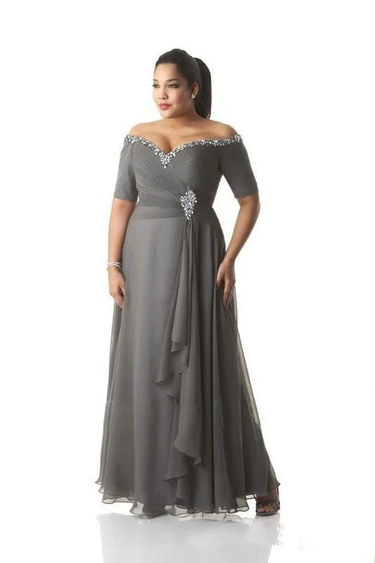 Grijs 2019 Moeder Van De Bruid Jurken A-lijn Korte Mouwen Chiffon Kralen Plus Size Lange Bruidegom Moeder Jurken Voor Bruiloften Grijs 2019 Moeder Van De Bruid Jurken A-lijn Korte Mouwen Chiffon Kralen Plus Size Lange Bruidegom Moeder Jurken Voor Bruiloften