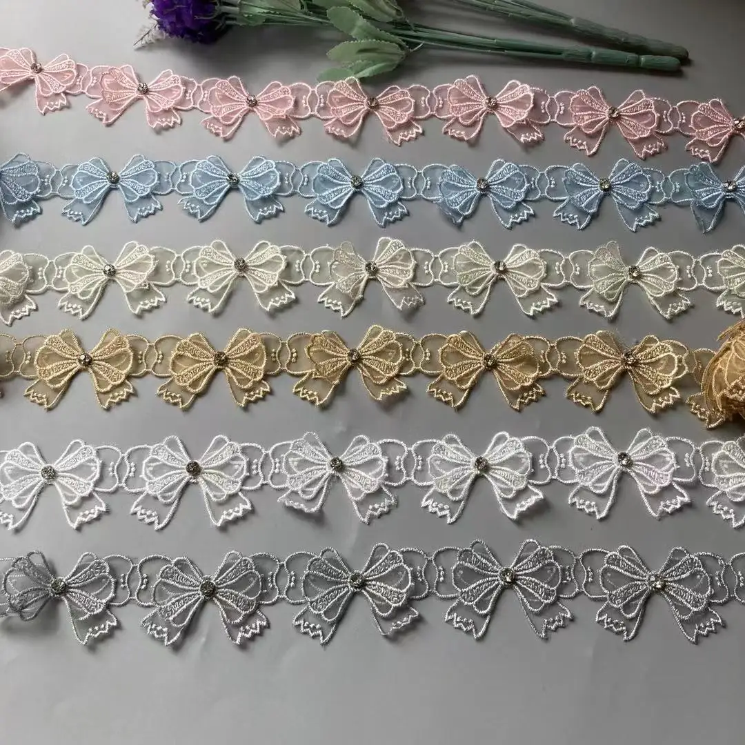 

10x Bowknot Rhinestones Mesh Net Embroidered Lace Trim Ribbon Patches Applique Fabric DIY Wedding Dress Sewing Supplies Craft