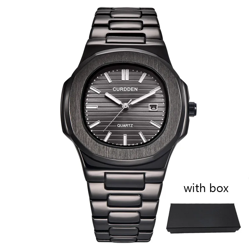 Лидирующий бренд, роскошные квадратные мужские часы, стальной ремешок, алмаз, хип-хоп, Авто Дата, кварцевые наручные часы для мужчин, наручные часы, Relogio Masculino - Цвет: black 02 with box