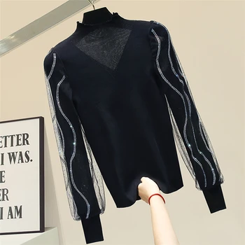 

Lantern Sleeve Slim Turtle-Neck Sweater Women Black Sweaters Lace Hot Drill Bottom Shirt Female Spring New Knitted Pullover Tops