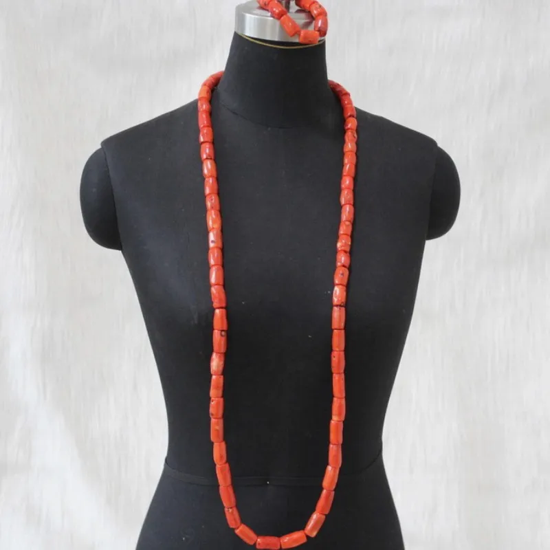 Orange 4UJewelry 12 мм бусины Натуральный Коралл Африканский комплект ювелирных изделий нигерийский Свадебный длинный дизайн для мужчин ювелирное изделия в стиле Трайбл ожерелье браслет - Окраска металла: Orange
