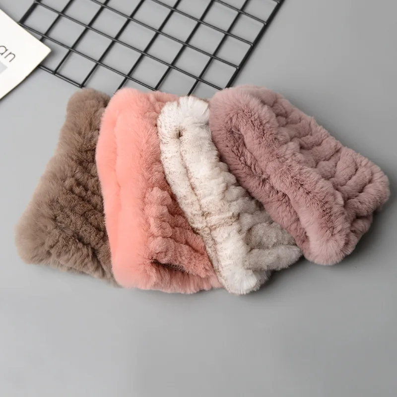 

Solid Mix-Color Women Scarf Rex Rabbit Fur Ring Scarves Handmade Winter Warm Knitted Real Natural Rabbit Fur Turban Scarf