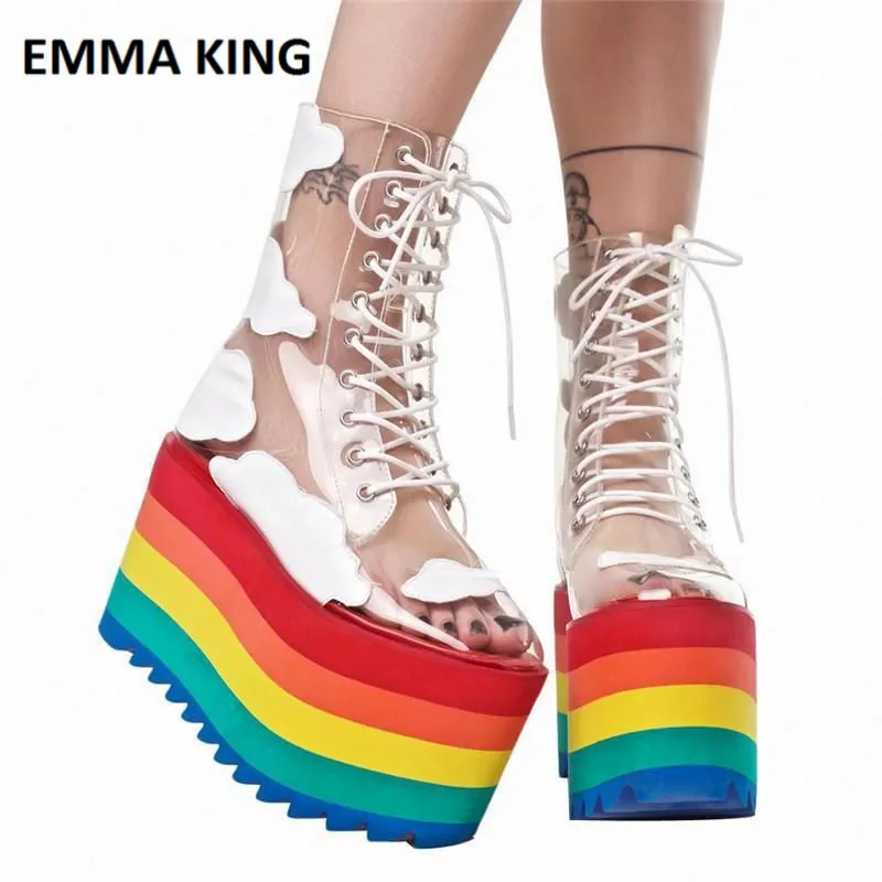 Прозрачные кроссовки радужного цвета на толстой платформе; обувь в стиле панк для девочек; прозрачные ботильоны из ПВХ на шнуровке, визуально увеличивающие рост - Цвет: picture shows