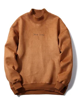 

ZAFUL Hoodies Sweatshirts Men Chest Letter Print Solid Color Suede Pullovers Oversized Hoodies Turtleneck Male Clothing