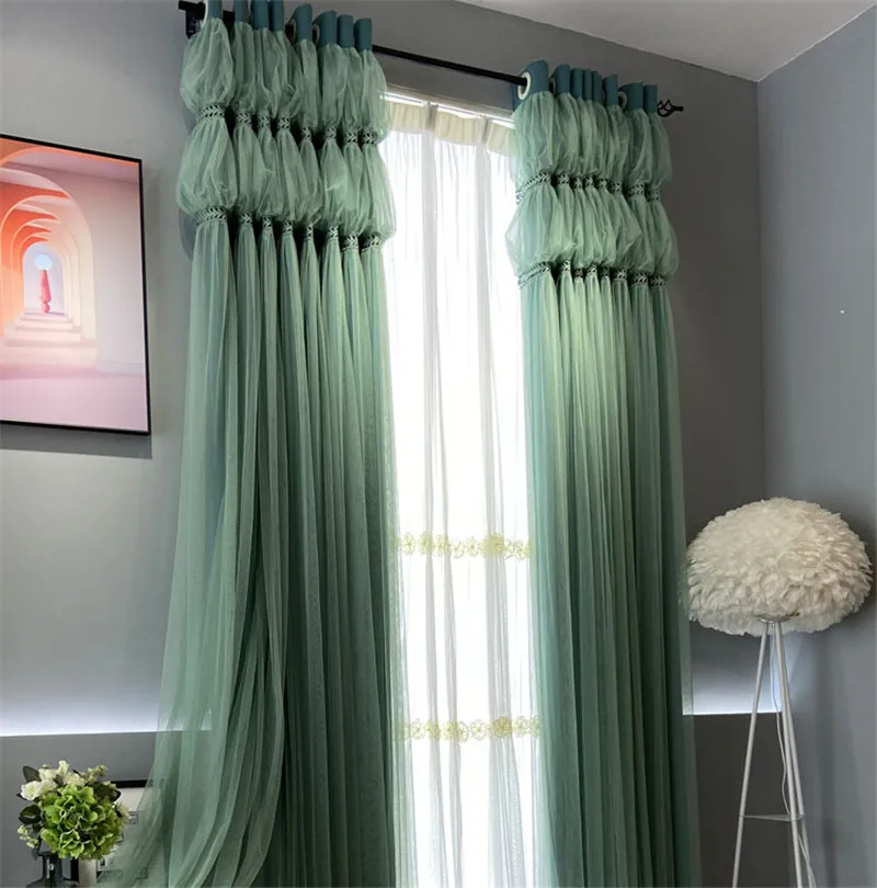 Custom Dark Green Fold Double Blackout Curtains For Living Room Korean Style Princess Room Purple Blinds Drapes Window Treatment