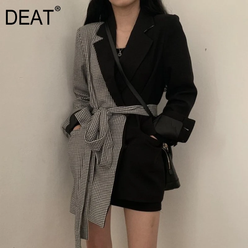 DEAT 2020 Autumn And Winter New Fashion Plaid Stitching Irregular Tie With Long Lapels Suit Jacket Female PB635 |