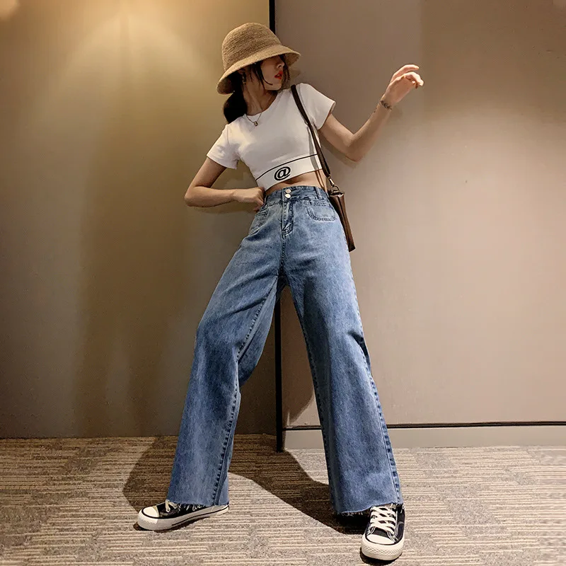 2020 Fall Pants New Women Clothes Thin High Waist Straight Tube Wide Legs Drooping Jeans Pockets Jeans Woman Pants