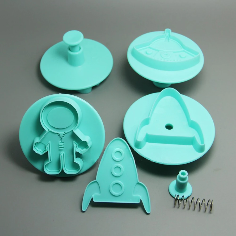 4Pcs/set Spaceship Rocket House Spring Pressed Plunger Biscuit Mold Cookies Cutter DIY Pastry Tool