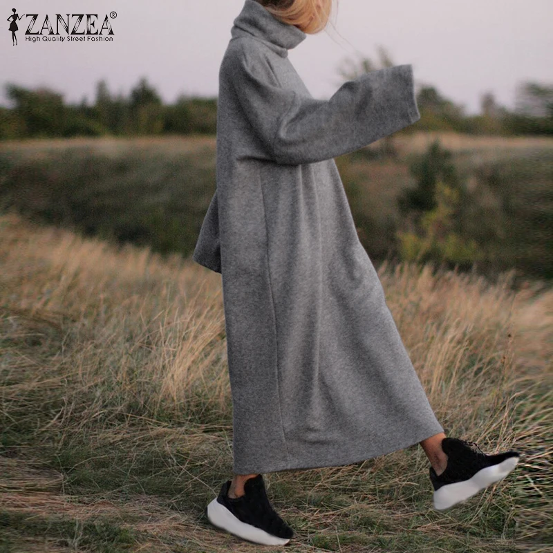 ZANZEA Women Long Maxi Dress Casual Turtleneck Pullover Sweatshirt Dresses Female Sweatshirts Vestidos Robe Femme | Женская одежда