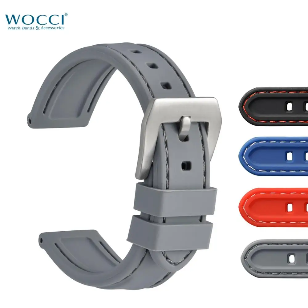 

WOCCI Soft Rubber Watchband 18mm 20mm 22mm Silicone Watch Strap Black Blue Grey Orange Replacement with Large Steel Buckle