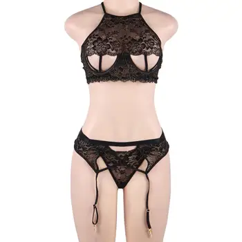 

Plus Size Black Lingerie Set Women's Sexy Lace hollow bra + panties + garter Underwear set трусы женские комплект T@